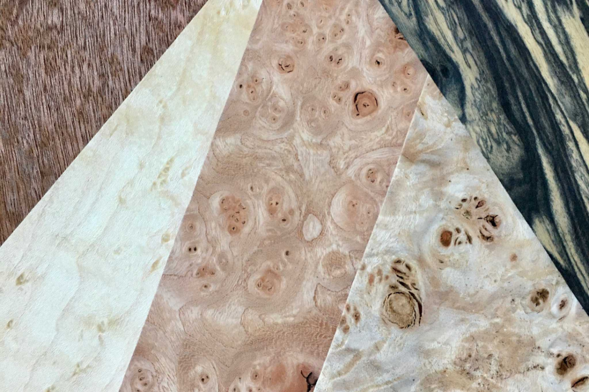 Détail de placages de différentes essences de bois utilisés pour l’apprentissage des techniques de marqueterie à l’Atelier Nathalie Melon à Nancy.