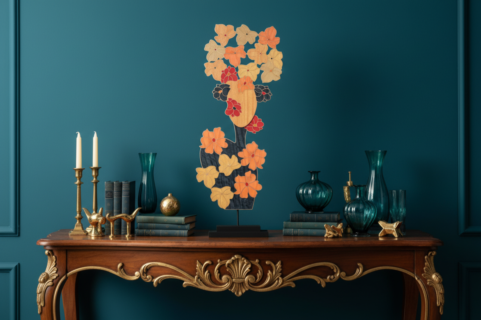 Masque d’exception en marqueterie cloisonnée bois et métal, pièce décorative contemporaine sur socle