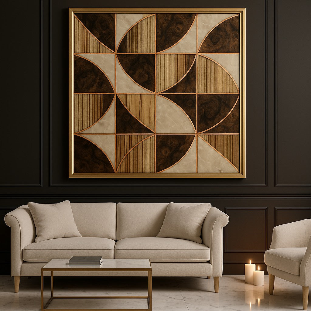 Panneau mural contemporain en marqueterie cloisonnée bois et métal, motif géométrique avec incrustations de cuivre, réalisé à la main dans l’atelier Nathalie Melon – décoration murale sur mesure haut de gamme.