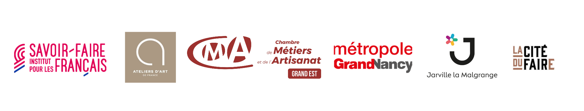Logos des institutions et partenaires soutenant l'Atelier Nathalie Melon : Savoir-Faire Institut pour les Français, Ateliers d'Art de France, CMA Grand Est, Métropole Grand Nancy, Jarville-la-Malgrange et La Cité du Faire.