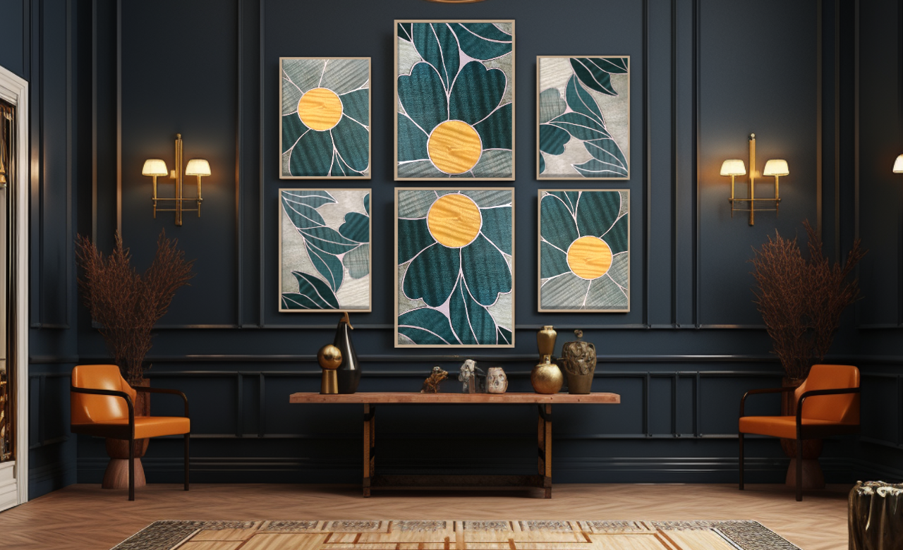 nsemble de tableaux muraux floraux réalisés en marqueterie cloisonnée, mettant en valeur un design unique avec des teintes vertes et jaunes. Créations personnalisées pour des intérieurs élégants et sophistiqués.